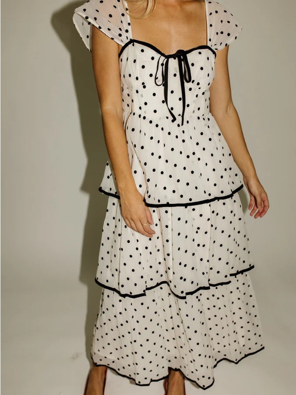 Polka Dot Tiered Midi Dress in Cream and Black